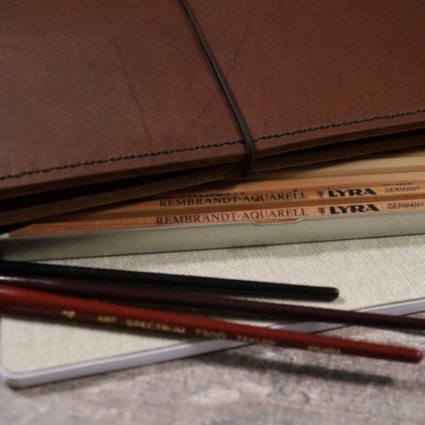 cognac leather notebook cover with elastic usage