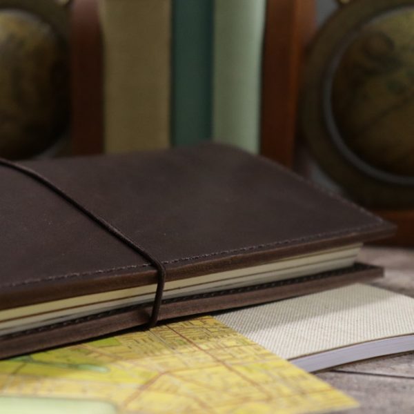 espresso leather notebook cover with elastic usage