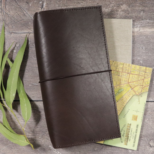 espresso leather notebook cover with elastic usage slim