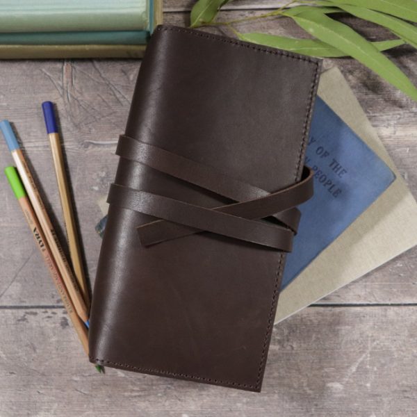espresso leather notebook cover with tie usage slim
