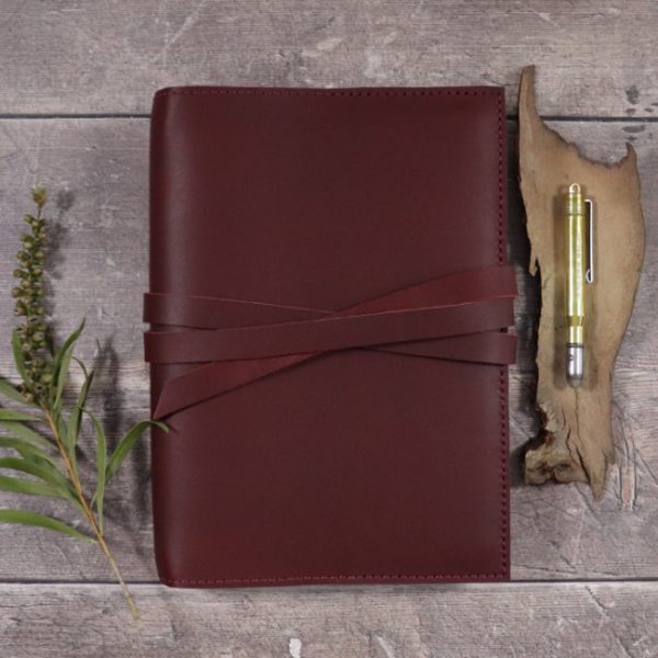 leather notebook cover tie mahogany insitu