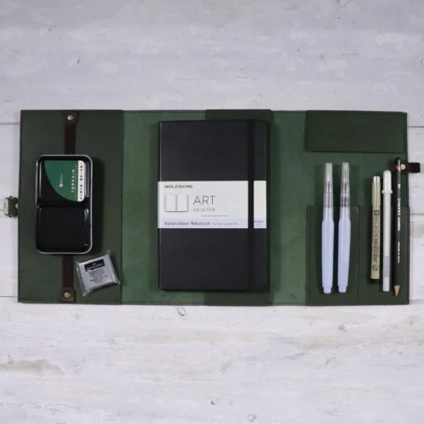 leather travel cover and art set Forest Moleskine inclusions