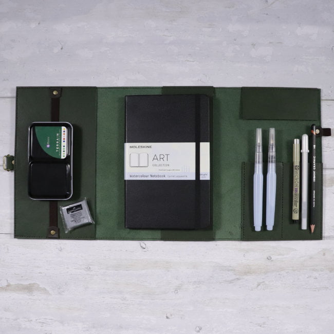 leather travel cover and art set Forest Moleskine inclusions