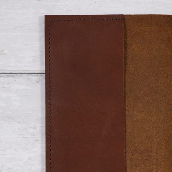 cognac leather stillman and birn hardcover hand stitch detail