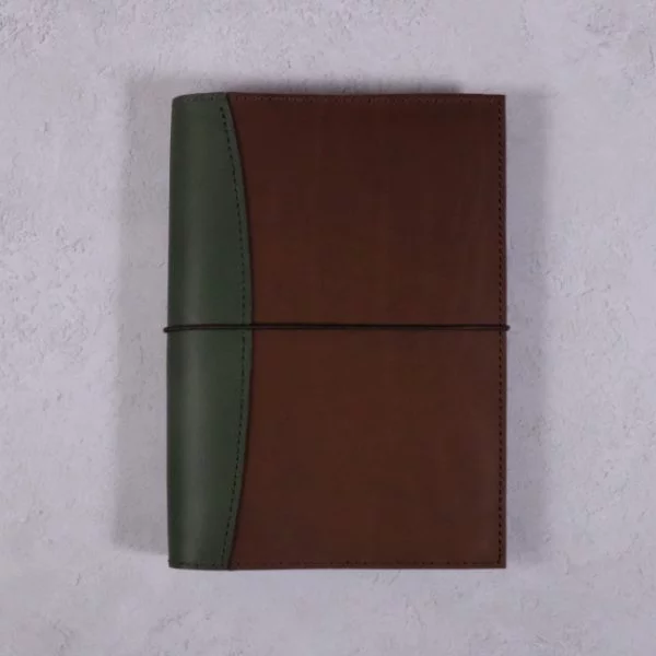 A5 leather journal library green cognac with elastic closure