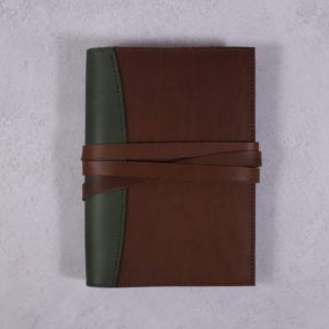 A5 Deluxe Leather Journal Cover – Tie Closure in Forest & Cognac Brown