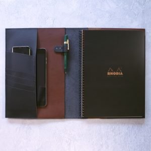 A4 Leather Cover with Notepad or Meeting Notebook – Black & Cognac