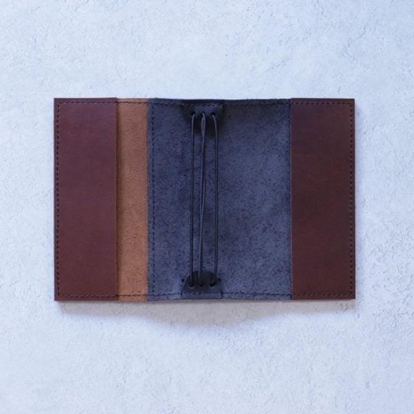 leather notebook pocket size black cognac inside