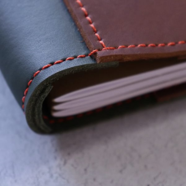 leather notebook pocket size hiking trail contrast stitching detail