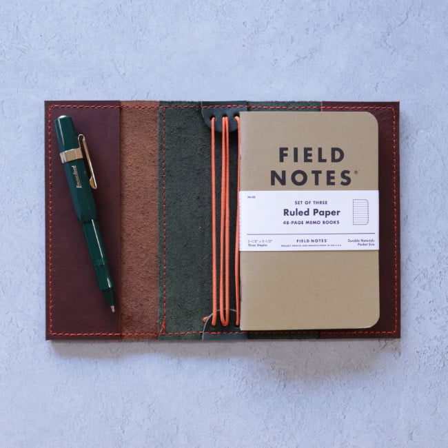 leather notebook pocket size hiking trail contrast stitching inside props