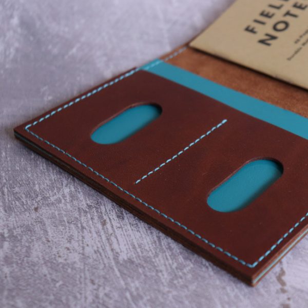 Pocket Wallet and Notebook EDC - brown teal - thumb slot detail