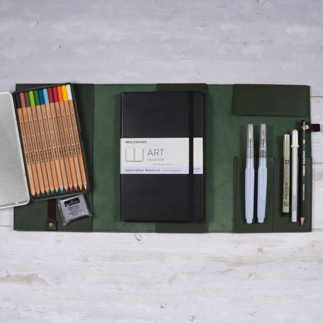 leather travel cover and art set Forest Moleskine inclusions WC-Pencils