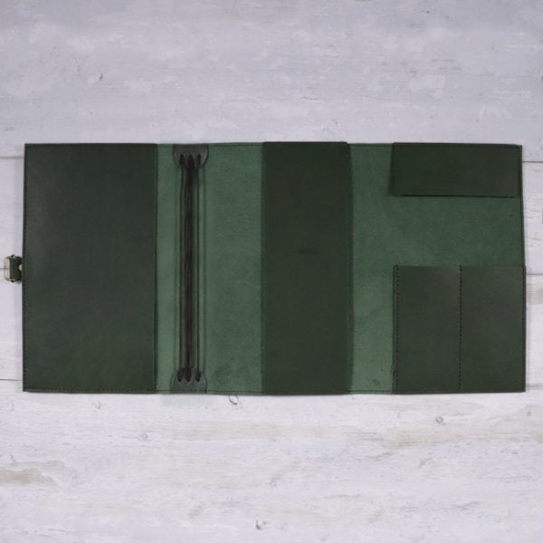 tri-fold leather travel cover forest green open