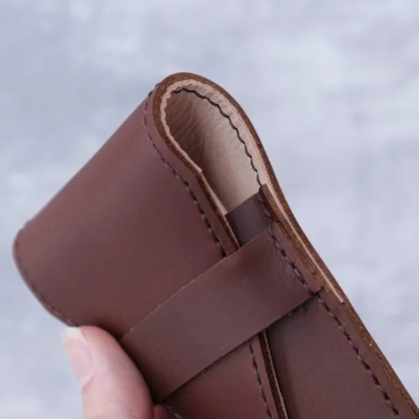 double pen case brown natural leather side