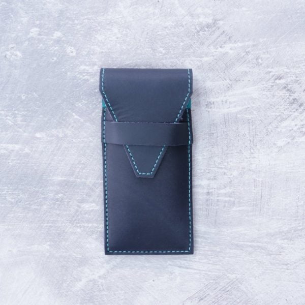 double pen case navy teal and teal leather