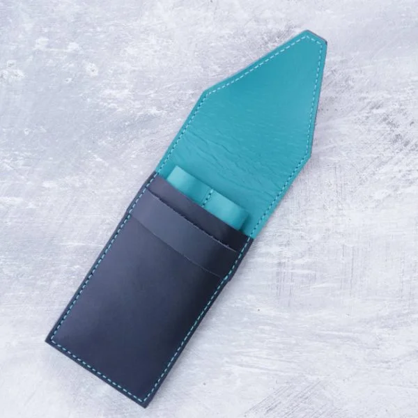 double pen case navy teal and teal leather open