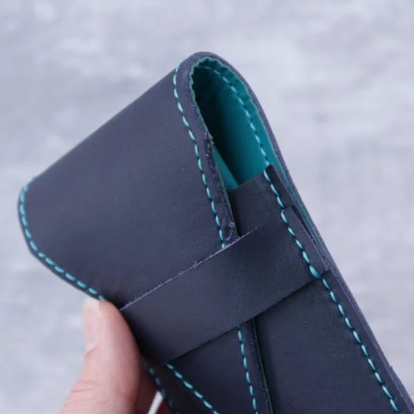 double pen case navy teal and teal leather side