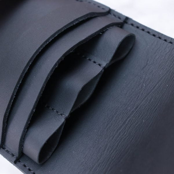 triple pen case black leather close up inside