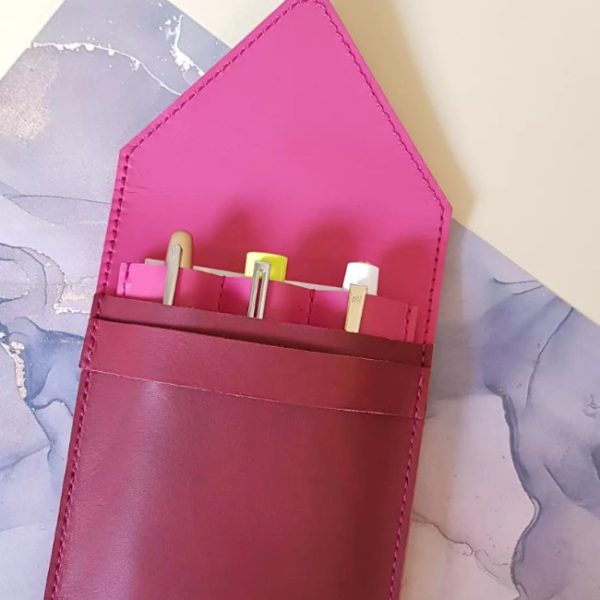 triple pen case red pink leather