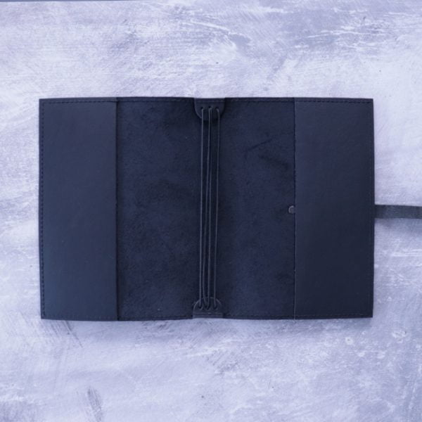 Black leather journal cover with tie -