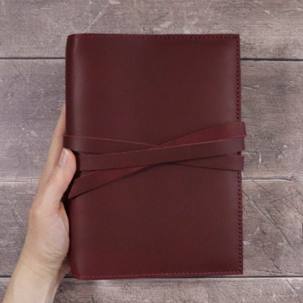 Mahogany red leather journal with tie closure