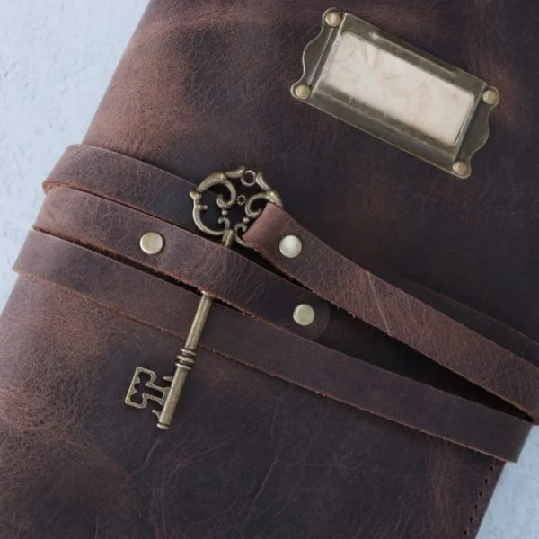 Antique brown - leather journal - writers bureau - close up