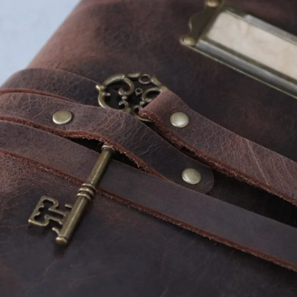 Antique brown - leather journal - writers bureau - key