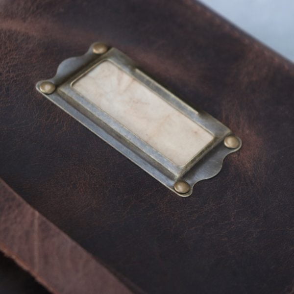 Antique brown - leather journal - writers bureau - metal label