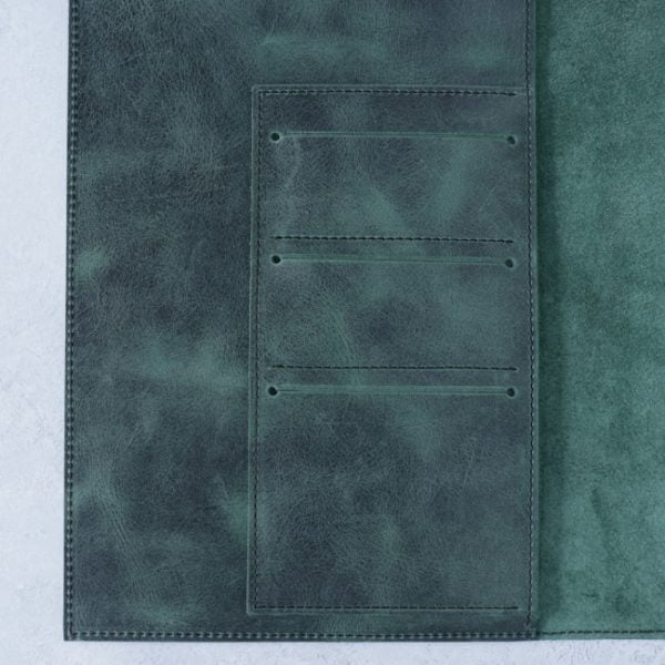 Antique teal - A4 leather folio - inside pockets