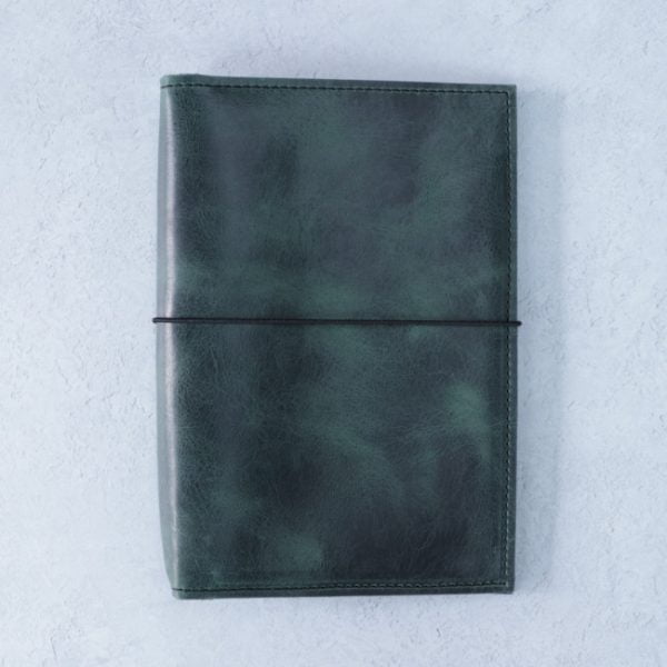 Antique teal - leather journal - elastic - front