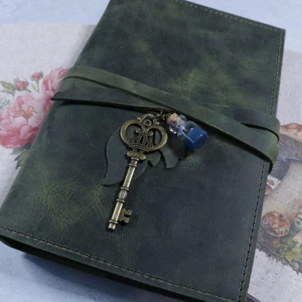 Secret Garden leather journal cover in green leather