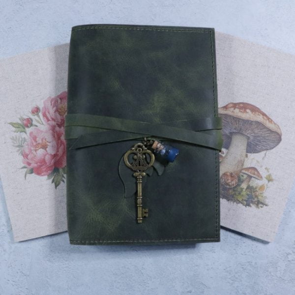 Secret Garden leather journal cover in green with tie closure