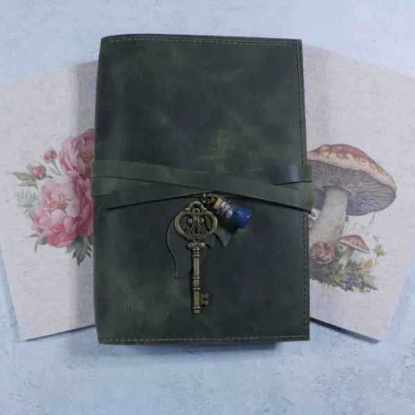 Secret Garden leather journal cover in green with tie closure